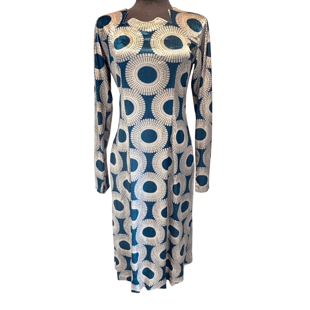 Handmade Velvet Maxi Dress Teal Gold Geometric Circle Print Long Sleeve Gown
